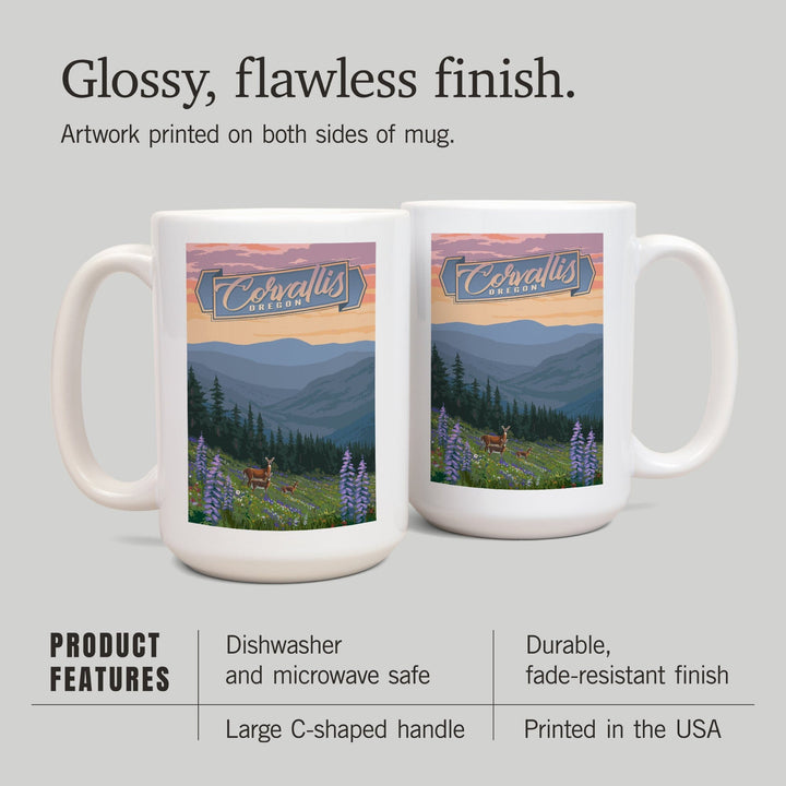 Corvallis, Oregon, Deer & Spring Flowers, Lantern Press Artwork, Ceramic Mug Mugs Lantern Press 