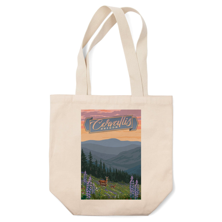 Corvallis, Oregon, Deer & Spring Flowers, Lantern Press Artwork, Tote Bag Totes Lantern Press 