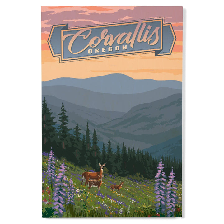 Corvallis, Oregon, Deer & Spring Flowers, Lantern Press Artwork, Wood Signs and Postcards - Lantern Press