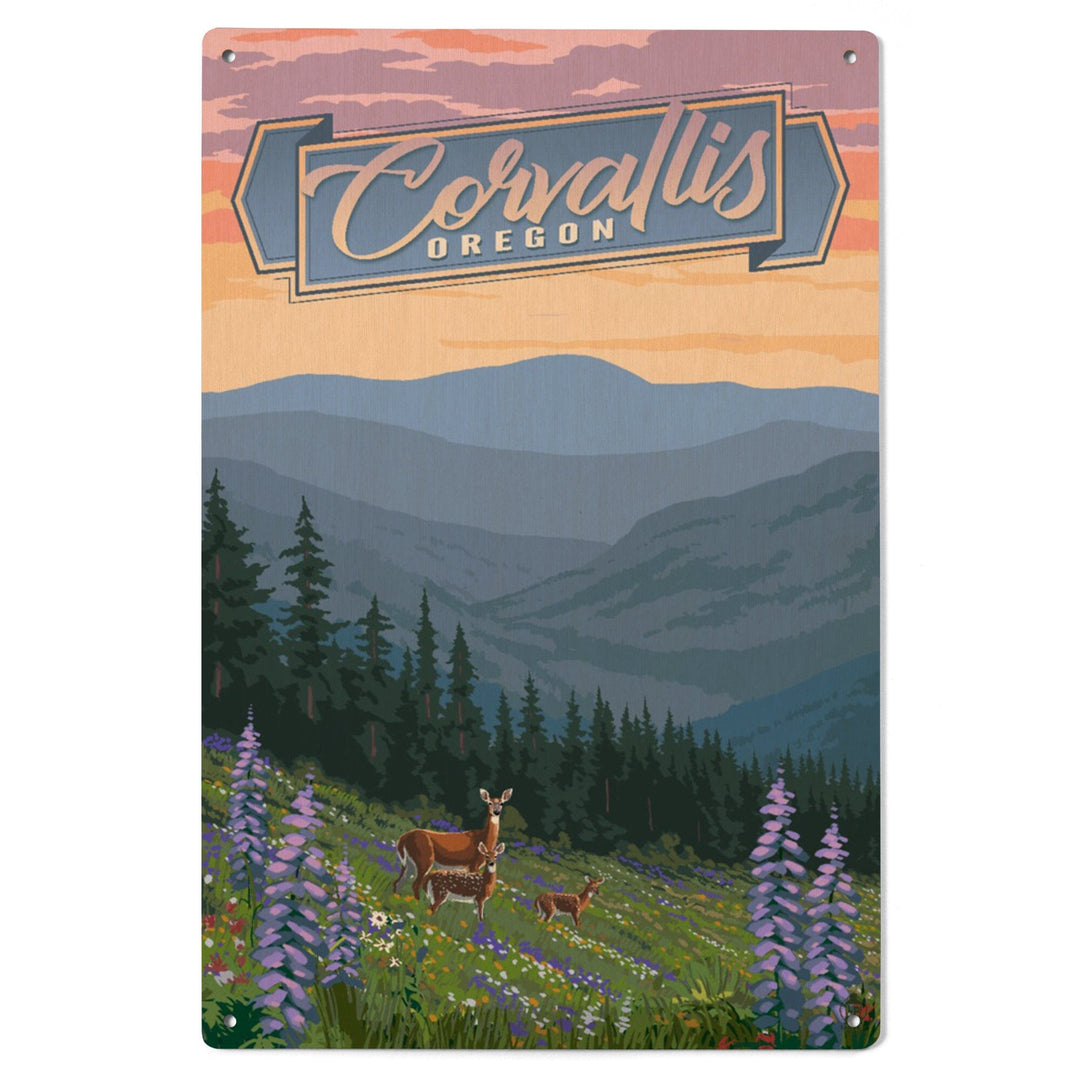 Corvallis, Oregon, Deer & Spring Flowers, Lantern Press Artwork, Wood Signs and Postcards - Lantern Press