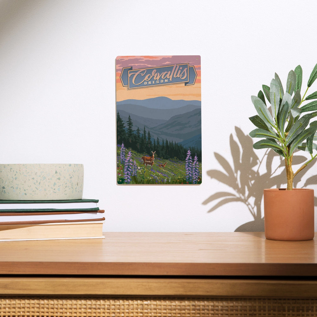 Corvallis, Oregon, Deer & Spring Flowers, Lantern Press Artwork, Wood Signs and Postcards - Lantern Press