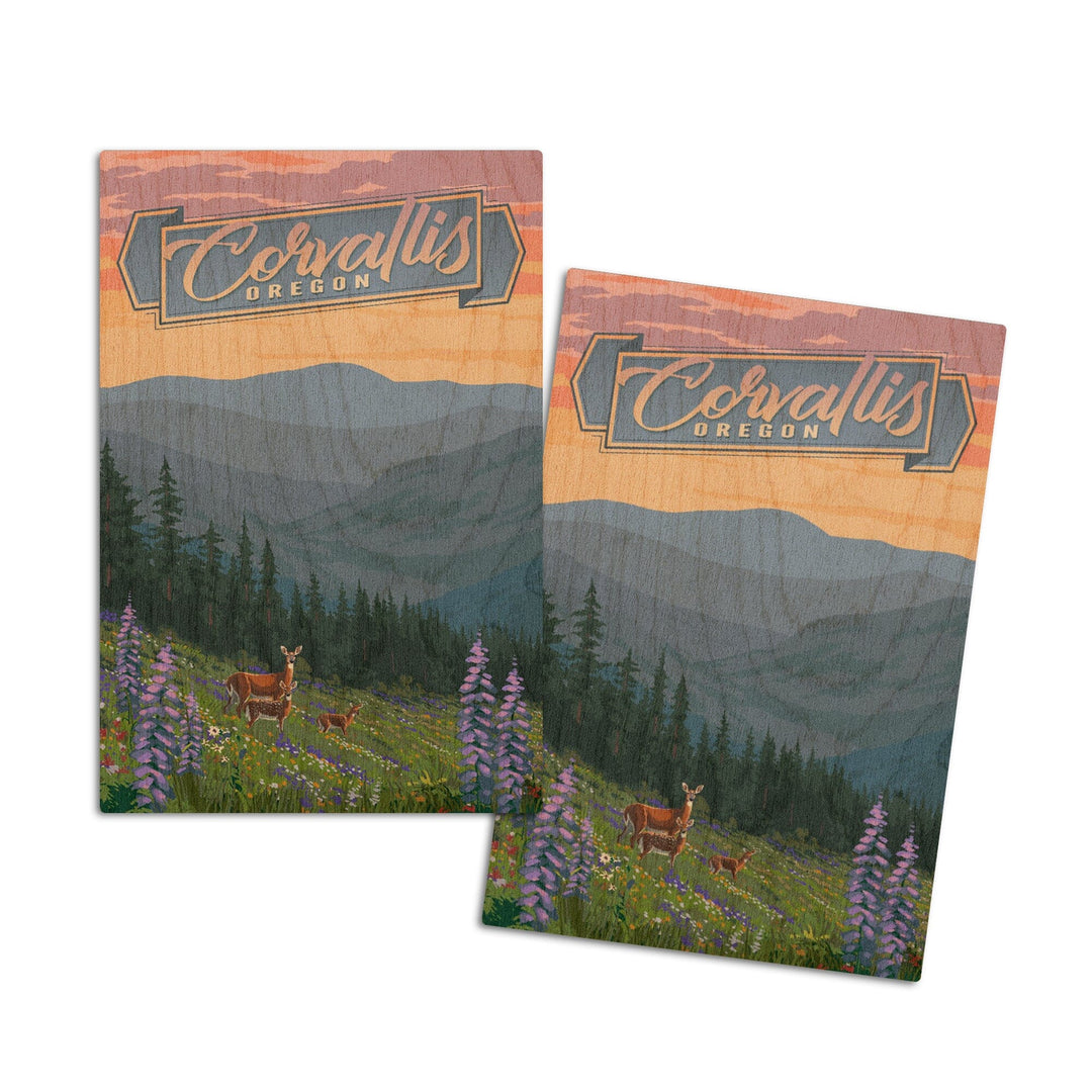 Corvallis, Oregon, Deer & Spring Flowers, Lantern Press Artwork, Wood Signs and Postcards - Lantern Press