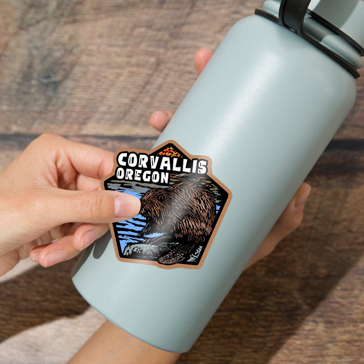 Corvallis, Oregon, Scratchboard Beaver, Contour, Vinyl Sticker Sticker Lantern Press 