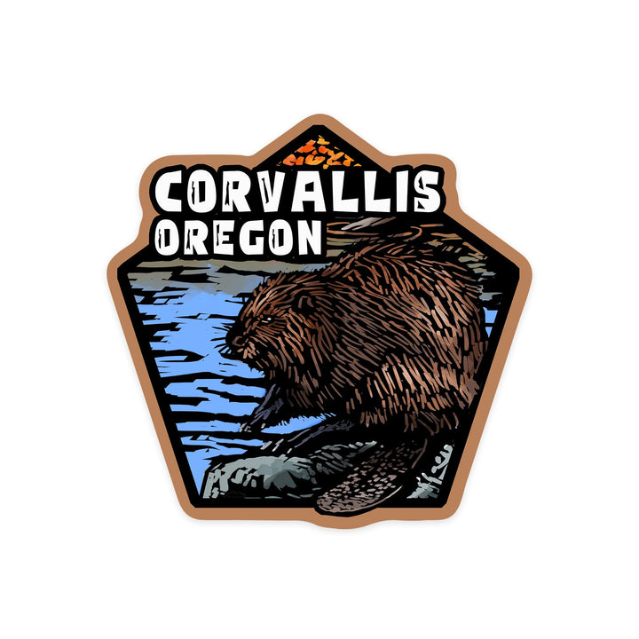 Corvallis, Oregon, Scratchboard Beaver, Contour, Vinyl Sticker Sticker Lantern Press 