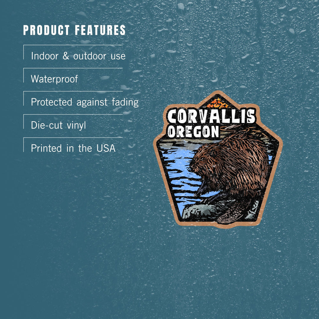 Corvallis, Oregon, Scratchboard Beaver, Contour, Vinyl Sticker Sticker Lantern Press 