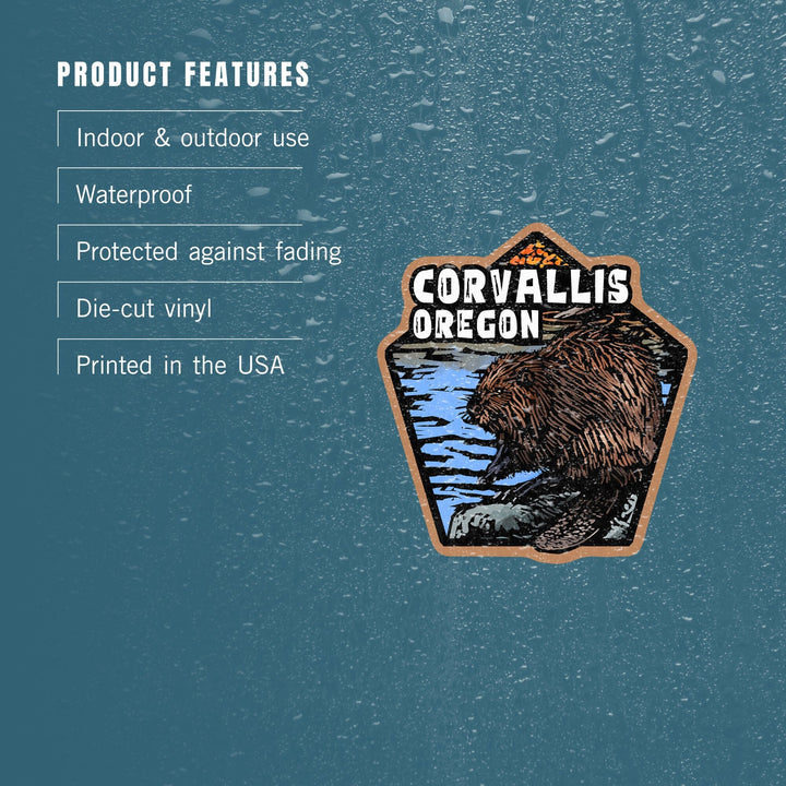 Corvallis, Oregon, Scratchboard Beaver, Contour, Vinyl Sticker Sticker Lantern Press 