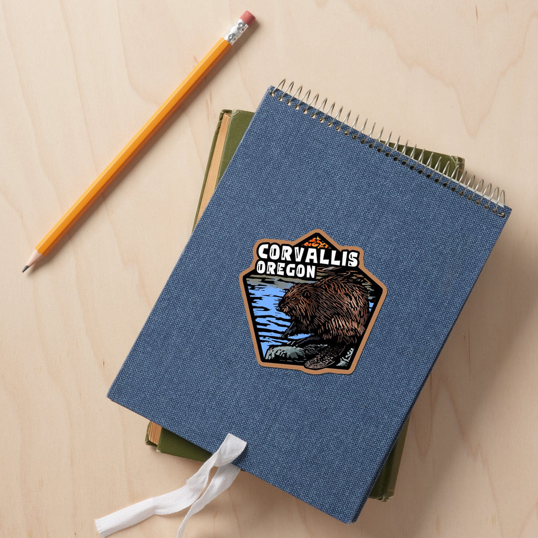 Corvallis, Oregon, Scratchboard Beaver, Contour, Vinyl Sticker Sticker Lantern Press 