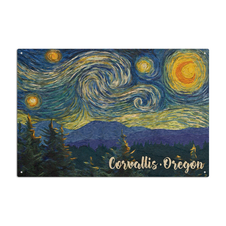 Corvallis, Oregon, Starry Night, Lantern Press Artwork, Wood Signs and Postcards Wood Lantern Press 10 x 15 Wood Sign 