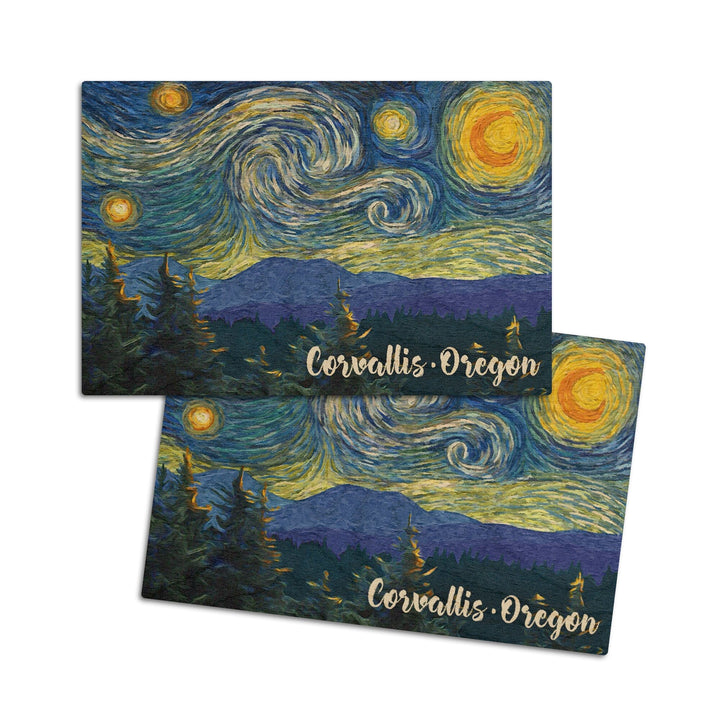 Corvallis, Oregon, Starry Night, Lantern Press Artwork, Wood Signs and Postcards Wood Lantern Press 4x6 Wood Postcard Set 
