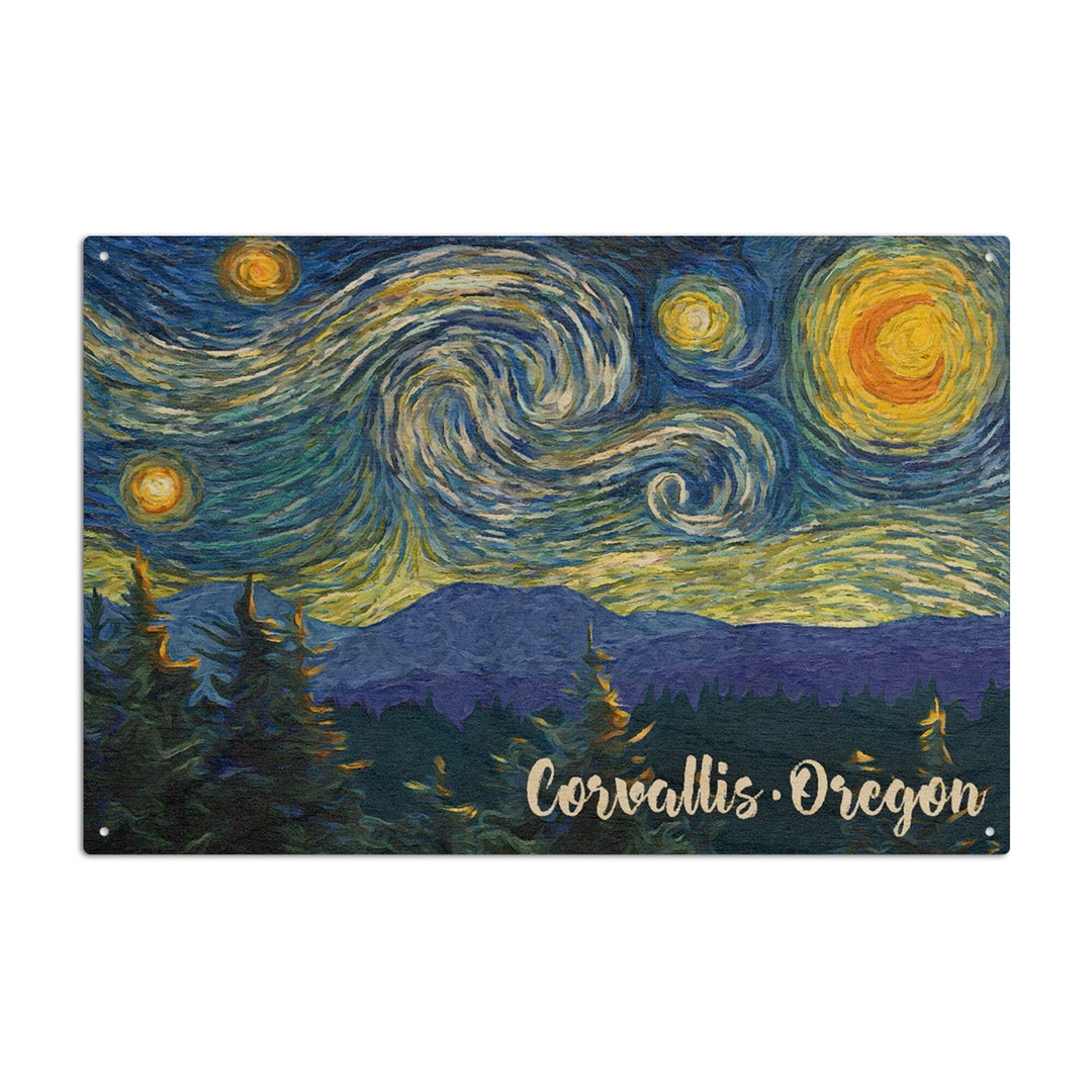 Corvallis, Oregon, Starry Night, Lantern Press Artwork, Wood Signs and Postcards Wood Lantern Press 6x9 Wood Sign 