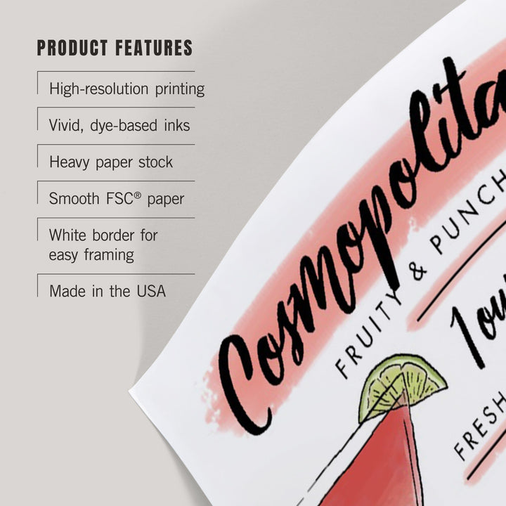 Cosmopolitan, Cocktail Recipe, Art & Giclee Prints Art Lantern Press 