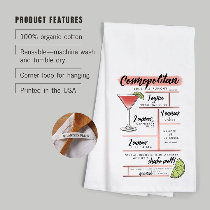 Cosmopolitan, Cocktail Recipe, Organic Cotton Kitchen Tea Towels Kitchen Lantern Press 