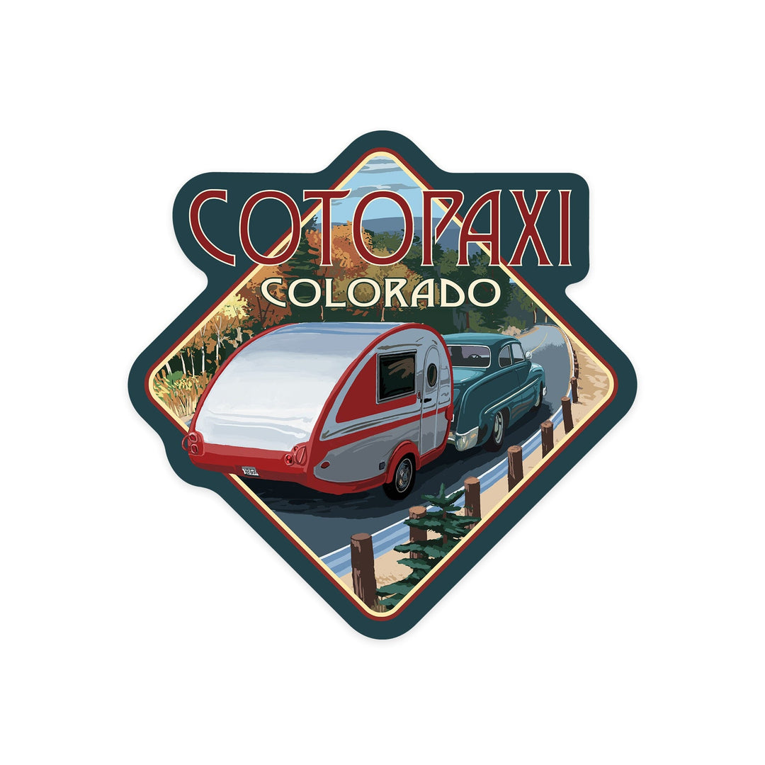 Cotopaxi, Colorado, Retro Camper on Road, Contour, Vinyl Sticker - Lantern Press