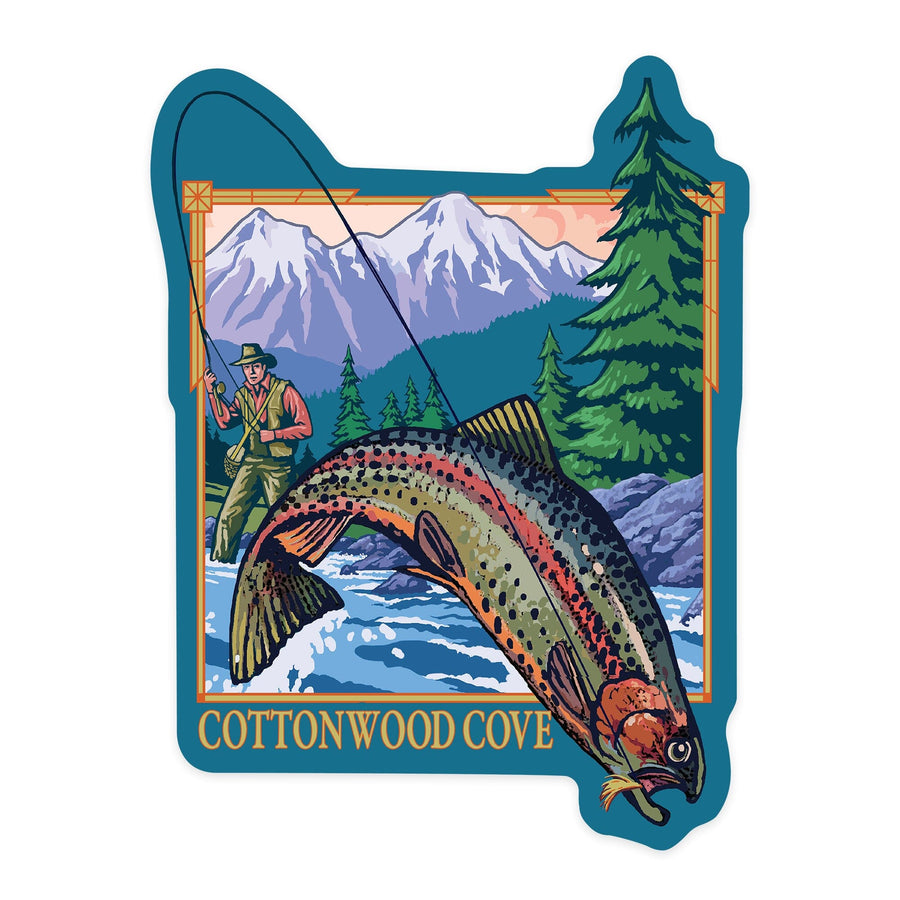 Cottonwood Cove, Colorado, Angler Fly Fishing Scene (Leaping Trout), Contour, Vinyl Sticker - Lantern Press