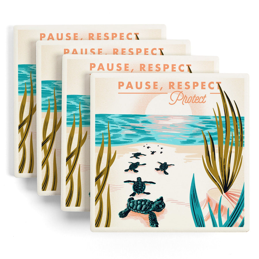 Courageous Explorer Collection, Turtles on Beach, Pause Respect Protect, Coaster Set - Lantern Press