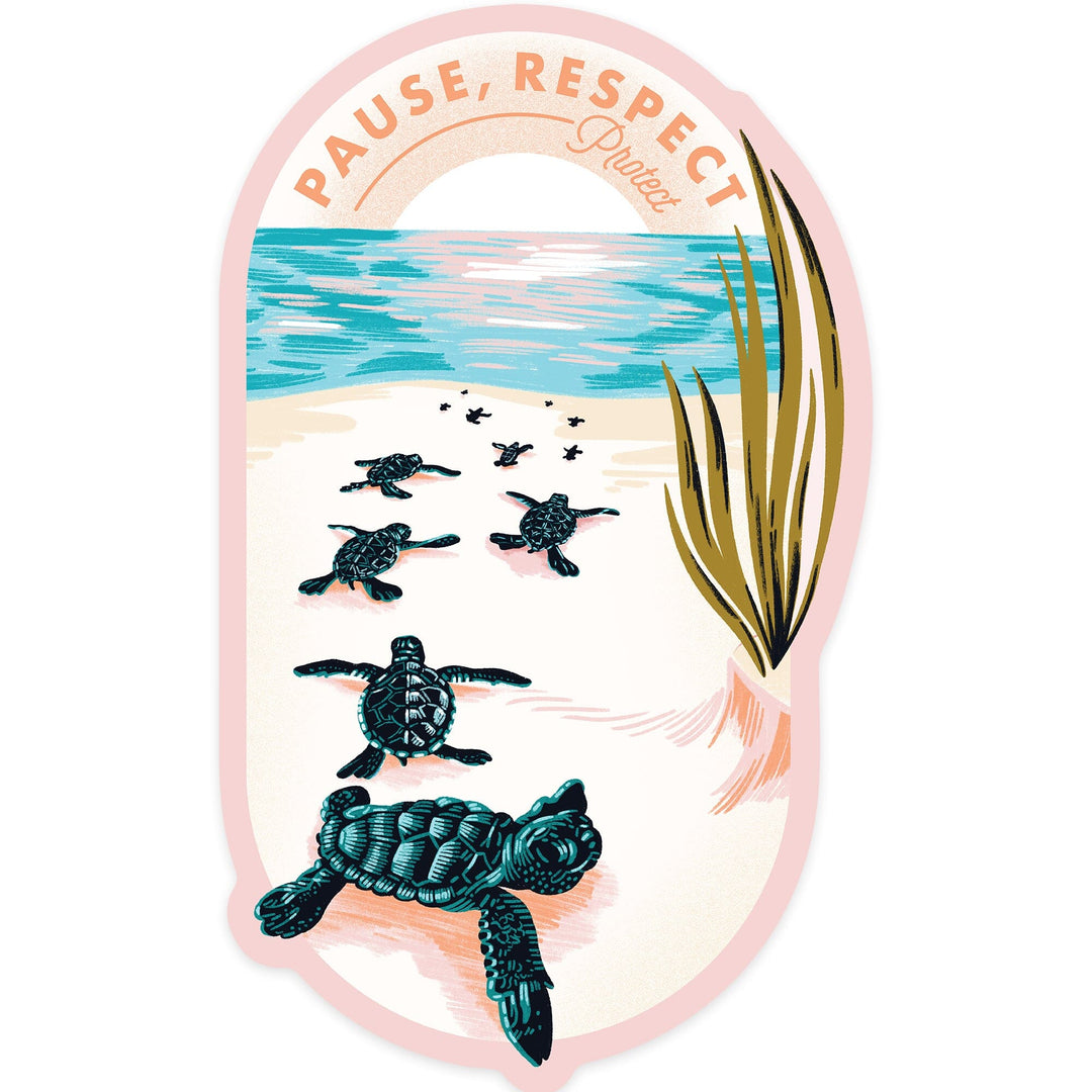 Courageous Explorer Collection, Turtles on Beach, Pause Respect Protect, Contour, Vinyl Sticker Sticker Lantern Press 