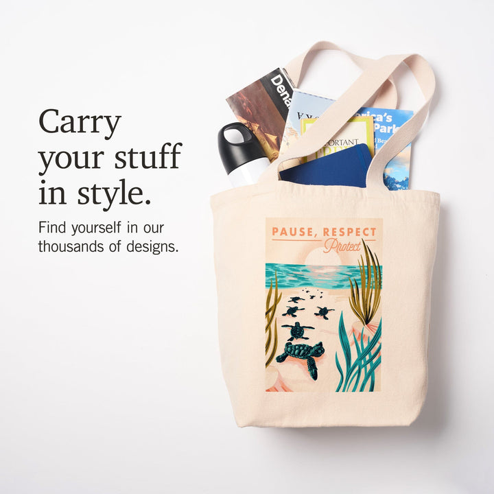 Courageous Explorer Collection, Turtles on Beach, Pause Respect Protect, Tote Bag Totes Lantern Press 