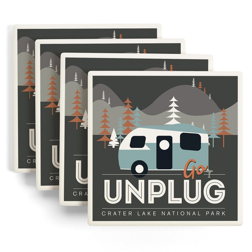 Crater Lake National Park, Go Unplug, Retro Camper, Coasters Coasters Lantern Press 