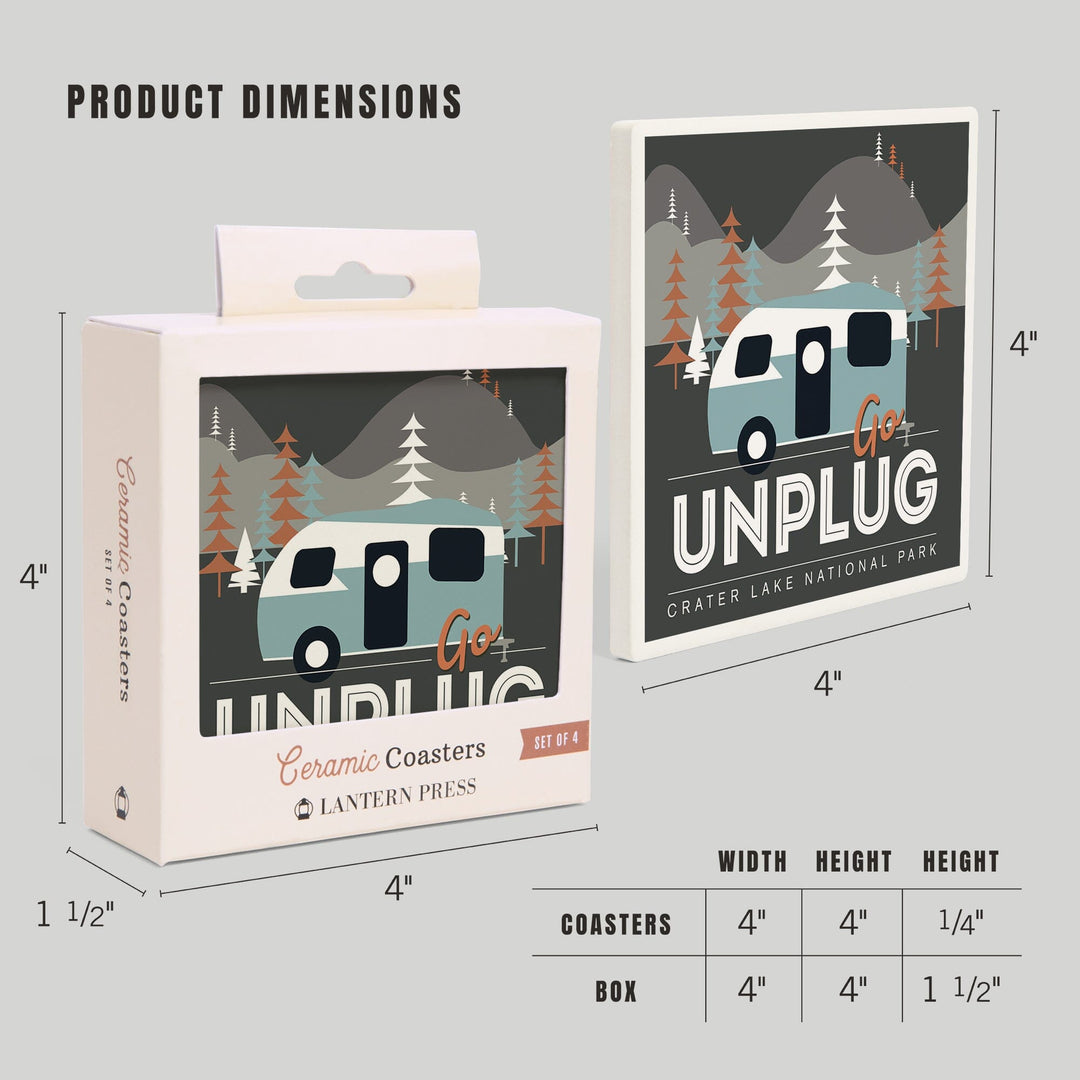 Crater Lake National Park, Go Unplug, Retro Camper, Coasters Coasters Lantern Press 
