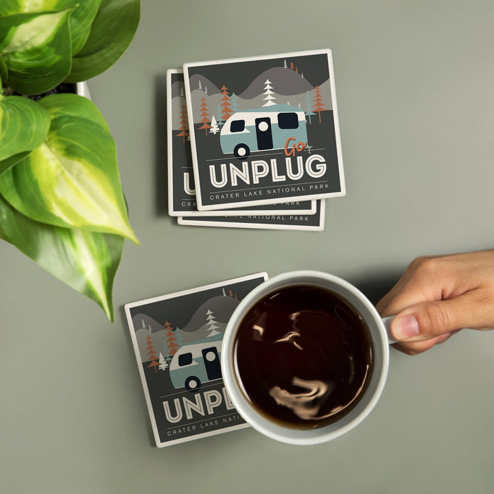 Crater Lake National Park, Go Unplug, Retro Camper, Coasters Coasters Lantern Press 