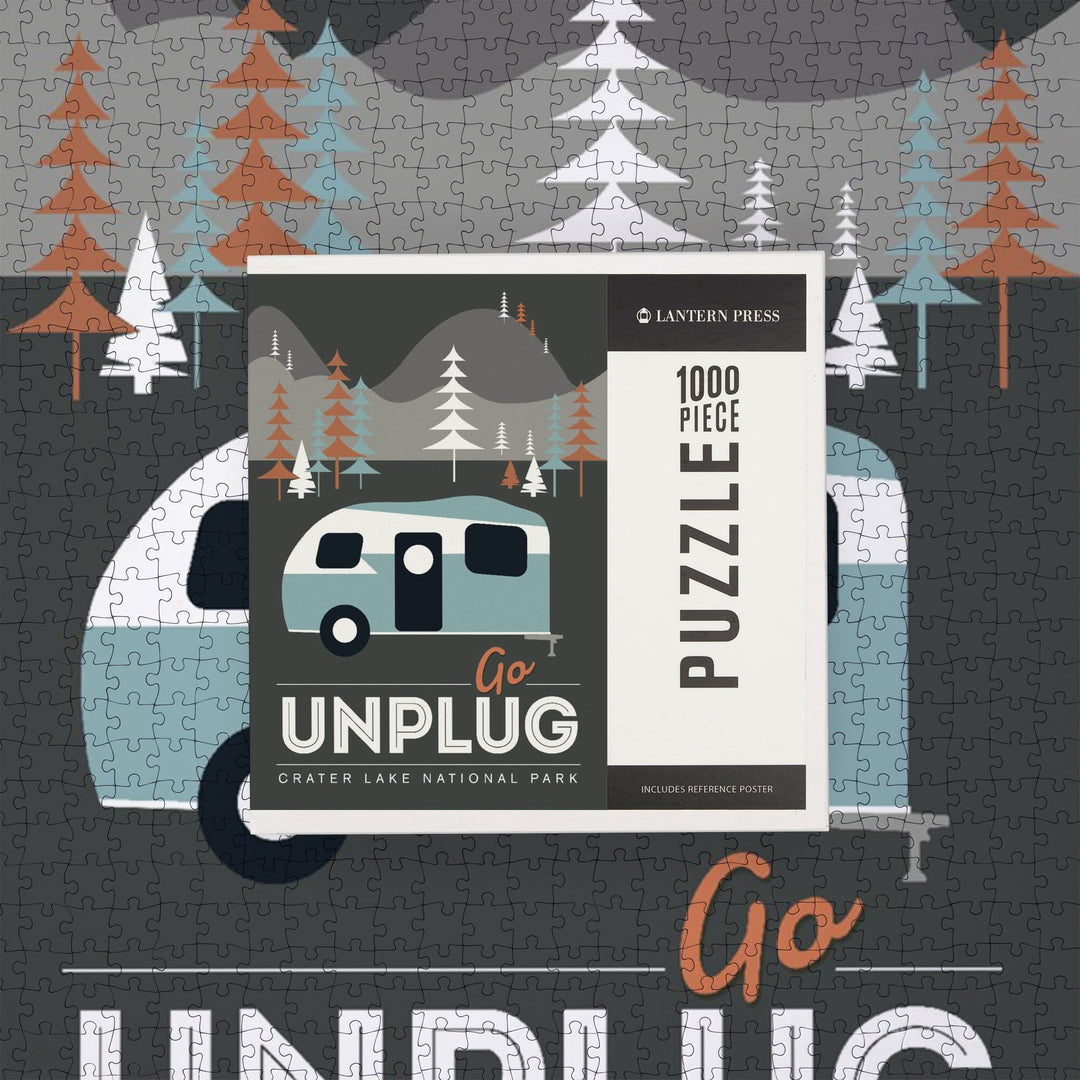 Crater Lake National Park, Go Unplug, Retro Camper, Jigsaw Puzzle Puzzle Lantern Press 