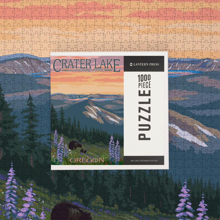 Crater Lake National Park, Oregon, Bear and Spring Flowers, Jigsaw Puzzle Puzzle Lantern Press 