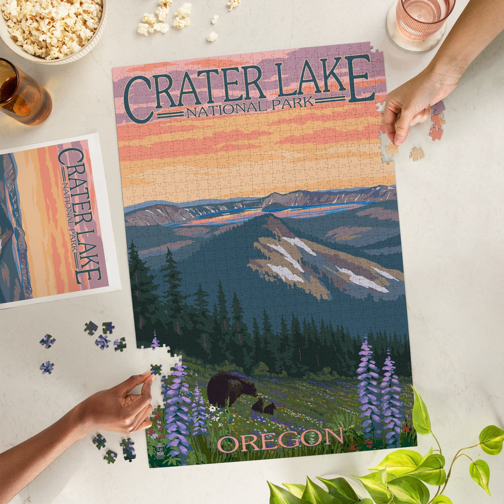 Crater Lake National Park, Oregon, Bear and Spring Flowers, Jigsaw Puzzle Puzzle Lantern Press 