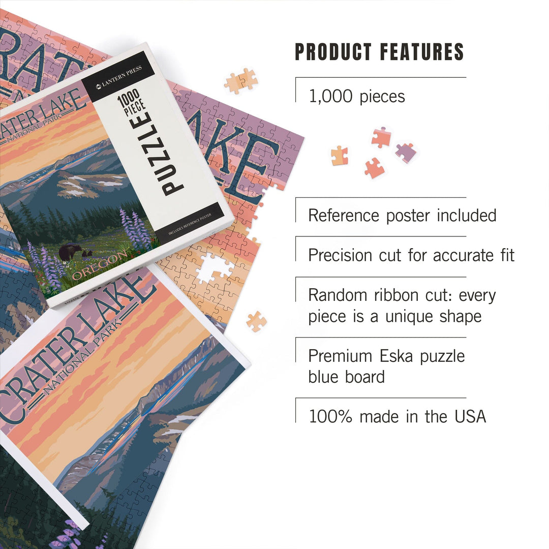 Crater Lake National Park, Oregon, Bear and Spring Flowers, Jigsaw Puzzle Puzzle Lantern Press 