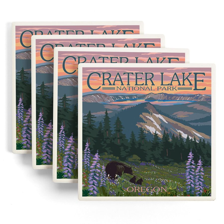 Crater Lake National Park, Oregon, Bear and Spring Flowers, Lantern Press Artwork, Coaster Set - Lantern Press