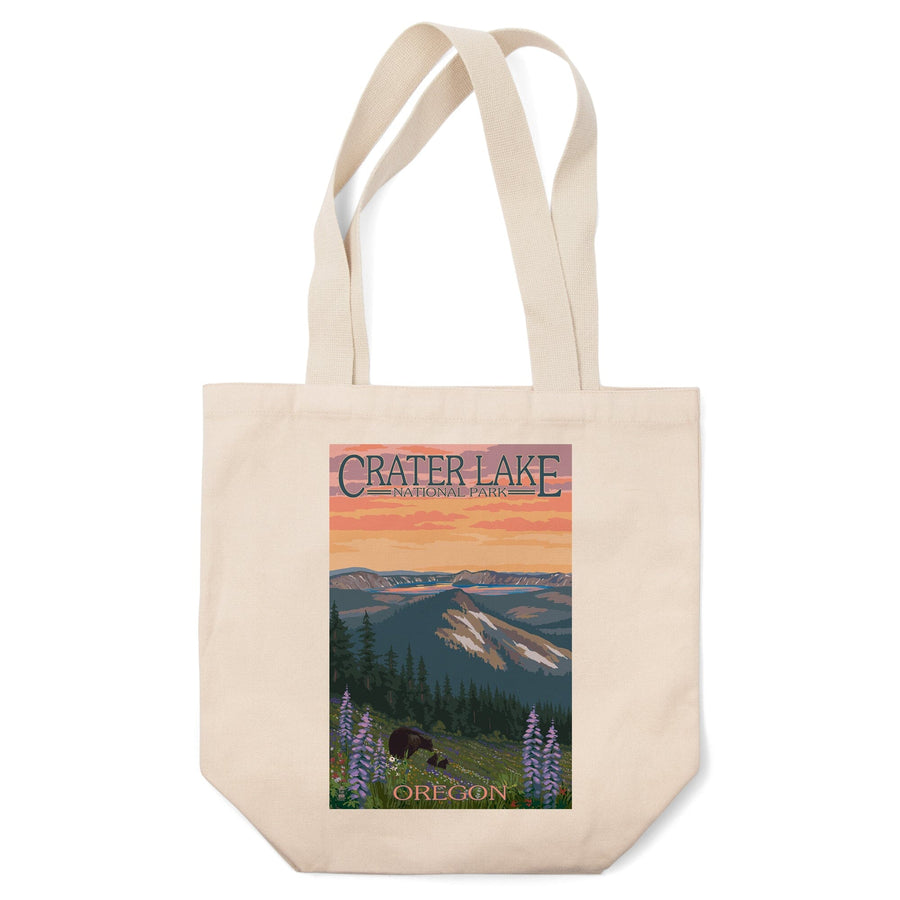 Crater Lake National Park, Oregon, Bear and Spring Flowers, Lantern Press Artwork, Tote Bag Totes Lantern Press 