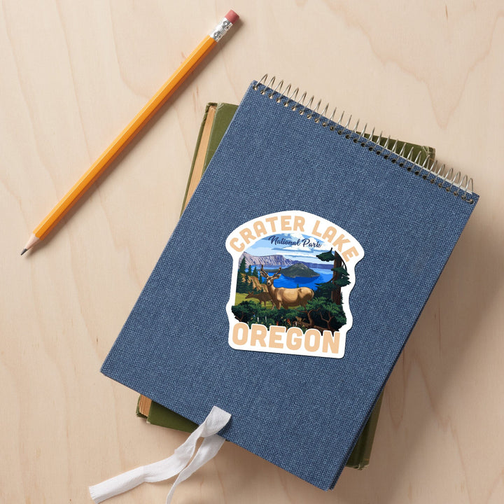 Crater Lake National Park, Oregon, Deer Family, Contour, Lantern Press Artwork, Vinyl Sticker - Lantern Press