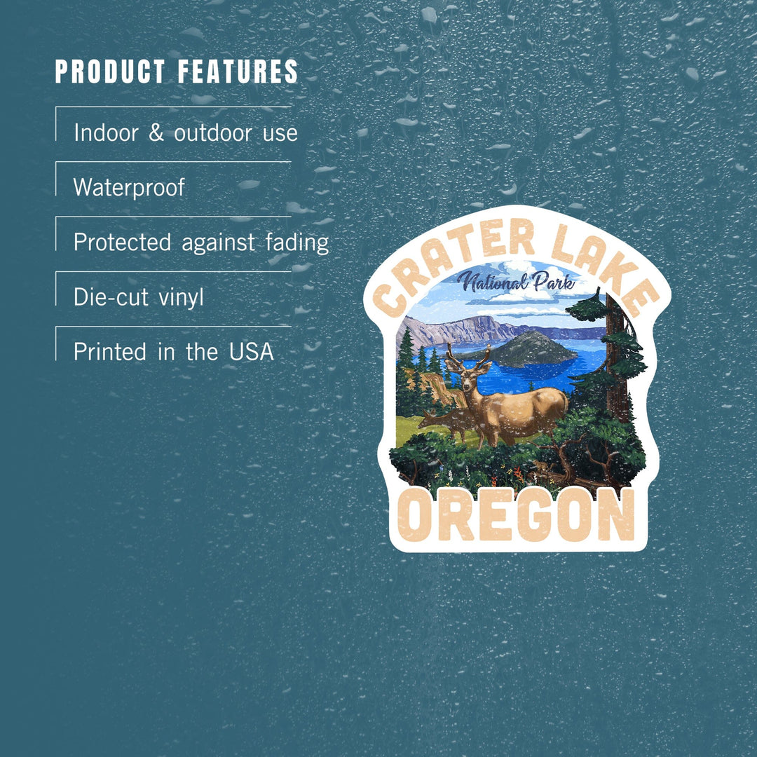 Crater Lake National Park, Oregon, Deer Family, Contour, Lantern Press Artwork, Vinyl Sticker - Lantern Press