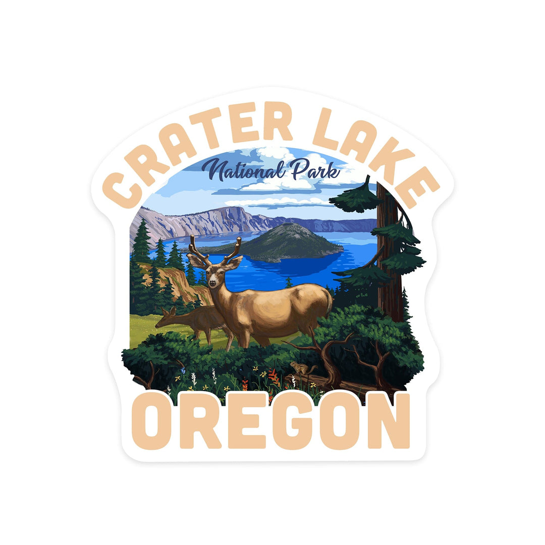 Crater Lake National Park, Oregon, Deer Family, Contour, Lantern Press Artwork, Vinyl Sticker - Lantern Press