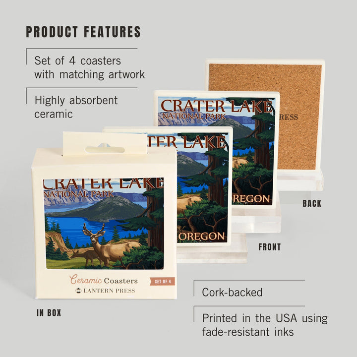 Crater Lake National Park, Oregon, Deer Family, Lantern Press Artwork, Coaster Set - Lantern Press