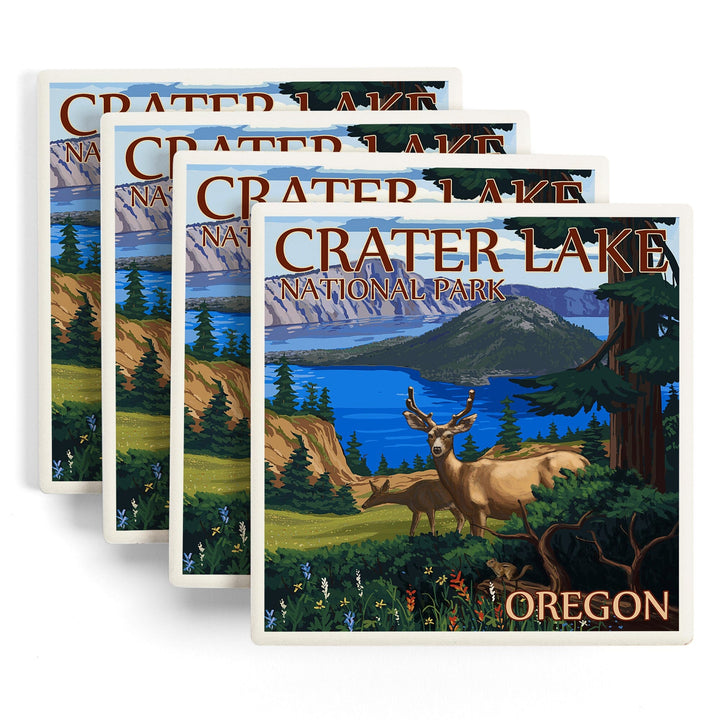 Crater Lake National Park, Oregon, Deer Family, Lantern Press Artwork, Coaster Set - Lantern Press