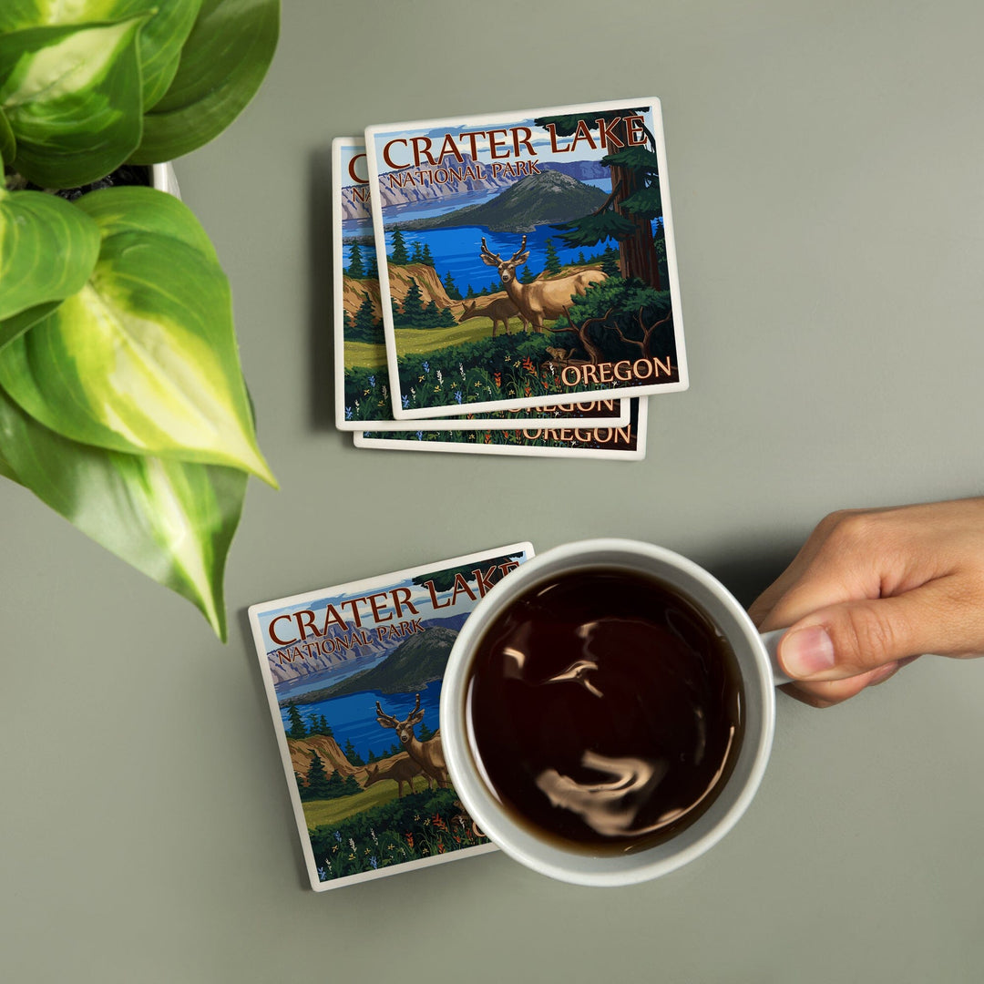 Crater Lake National Park, Oregon, Deer Family, Lantern Press Artwork, Coaster Set - Lantern Press