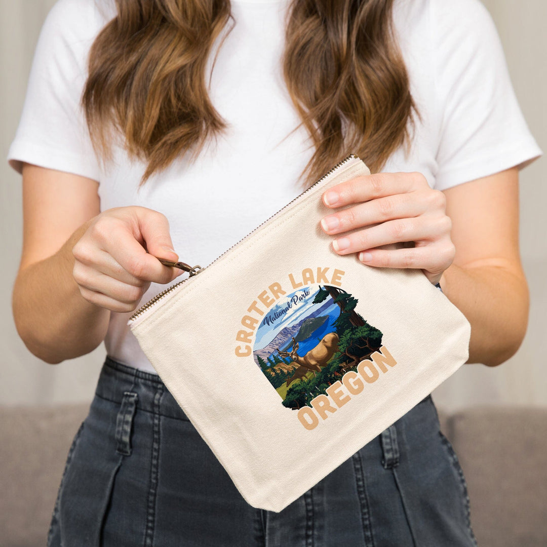 Crater Lake National Park, Oregon, Deer Family,, Organic Cotton Zipper Pouch, Go Bag Go Bag Lantern Press 