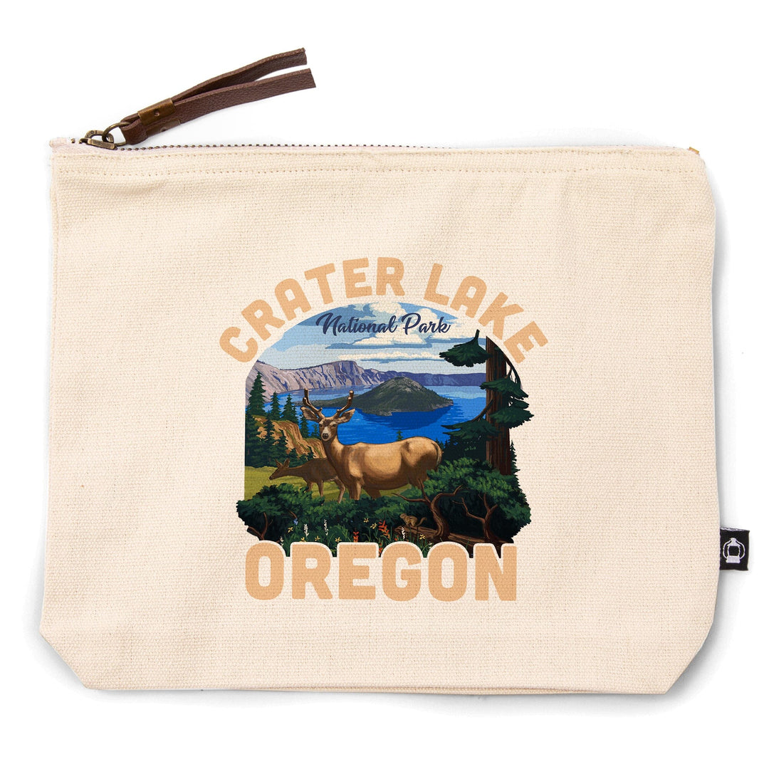 Crater Lake National Park, Oregon, Deer Family,, Organic Cotton Zipper Pouch, Go Bag Go Bag Lantern Press 
