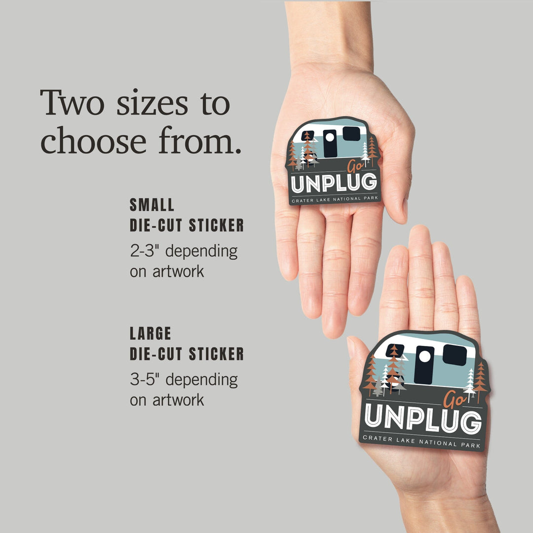 Crater Lake National Park, Oregon, Go Unplug, Camper, Vector, Contour, Vinyl Sticker Sticker Lantern Press 