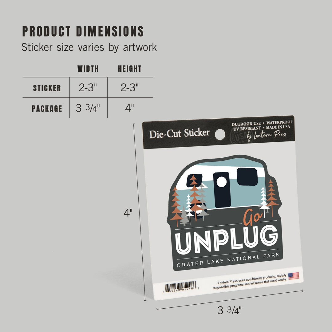 Crater Lake National Park, Oregon, Go Unplug, Camper, Vector, Contour, Vinyl Sticker Sticker Lantern Press 