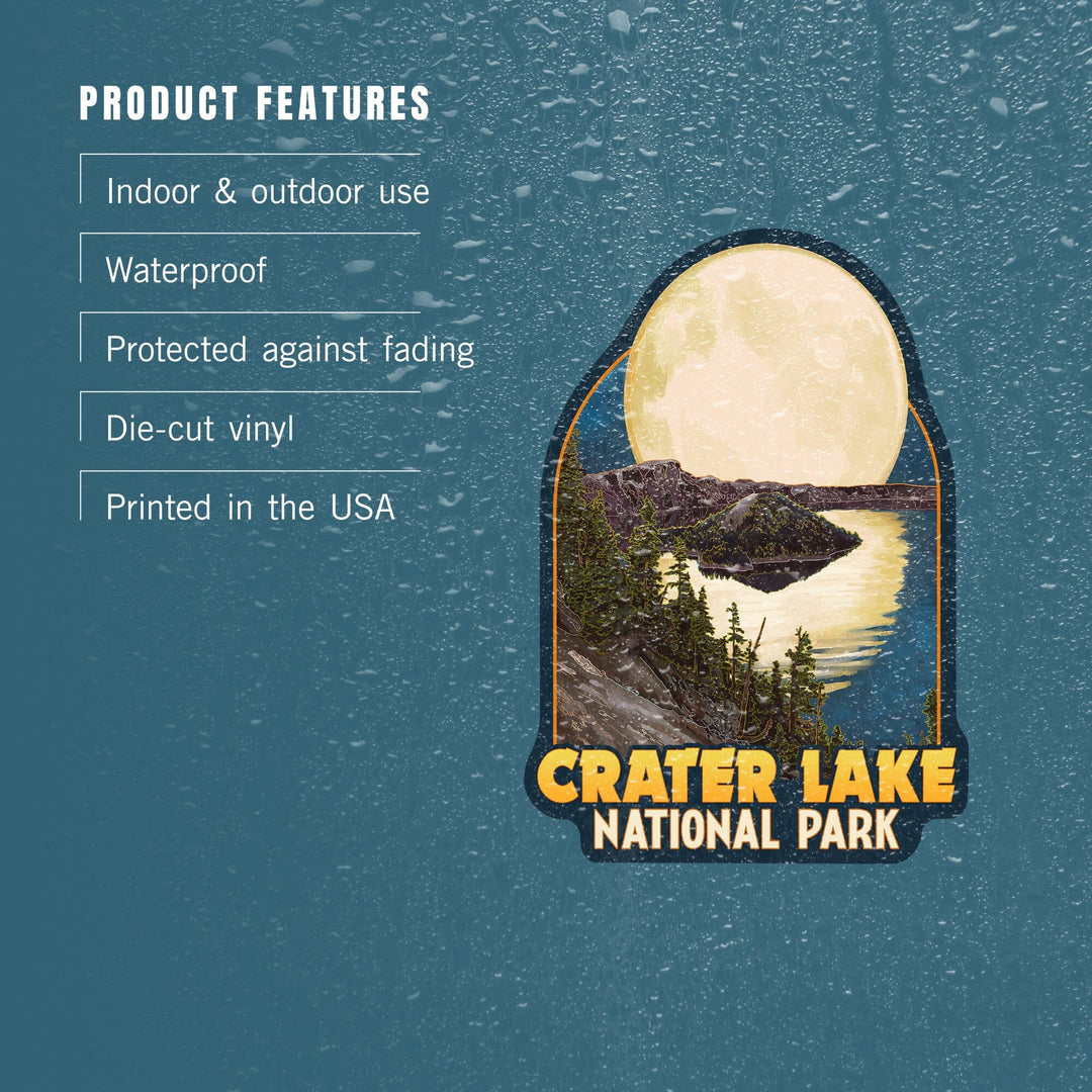 Crater Lake National Park, Oregon, Lake and Full Moon, Contour, Lantern Press Artwork, Vinyl Sticker Sticker Lantern Press 