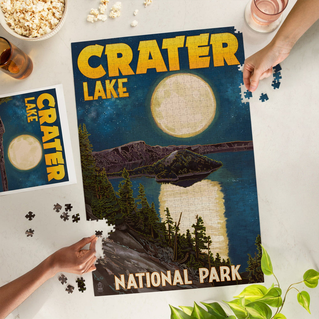Crater Lake National Park, Oregon, Lake and Full Moon, Jigsaw Puzzle Puzzle Lantern Press 