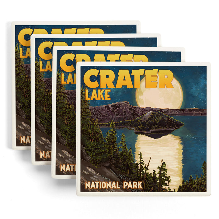 Crater Lake National Park, Oregon, Lake & Full Moon, Lantern Press Artwork, Coaster Set - Lantern Press