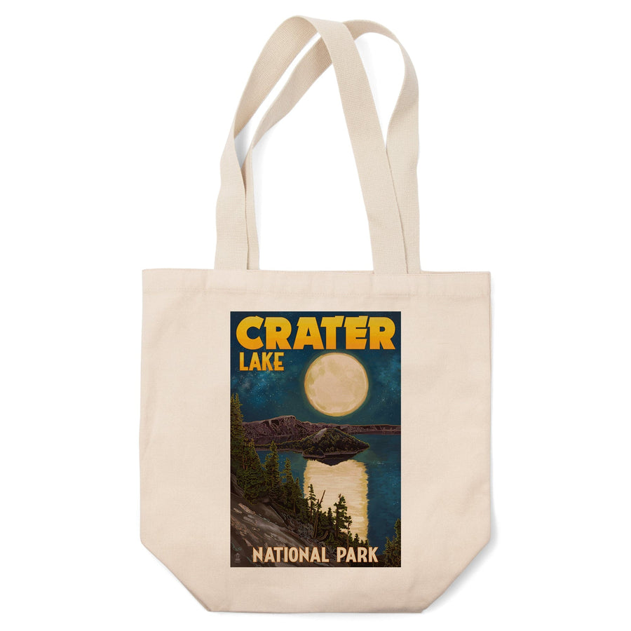 Crater Lake National Park, Oregon, Lake & Full Moon, Lantern Press Artwork, Tote Bag Totes Lantern Press 
