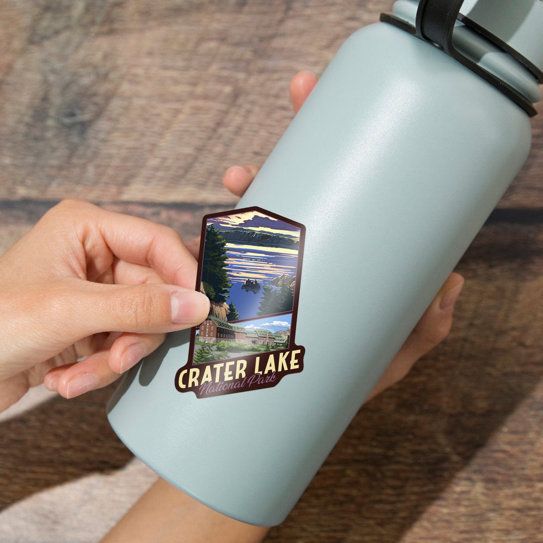 Crater Lake National Park, Oregon, Lake Scene and Lodge, Contour, Vinyl Sticker Sticker Lantern Press 