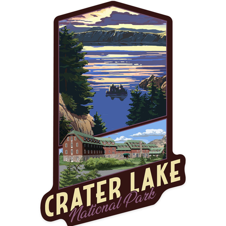 Crater Lake National Park, Oregon, Lake Scene and Lodge, Contour, Vinyl Sticker Sticker Lantern Press 