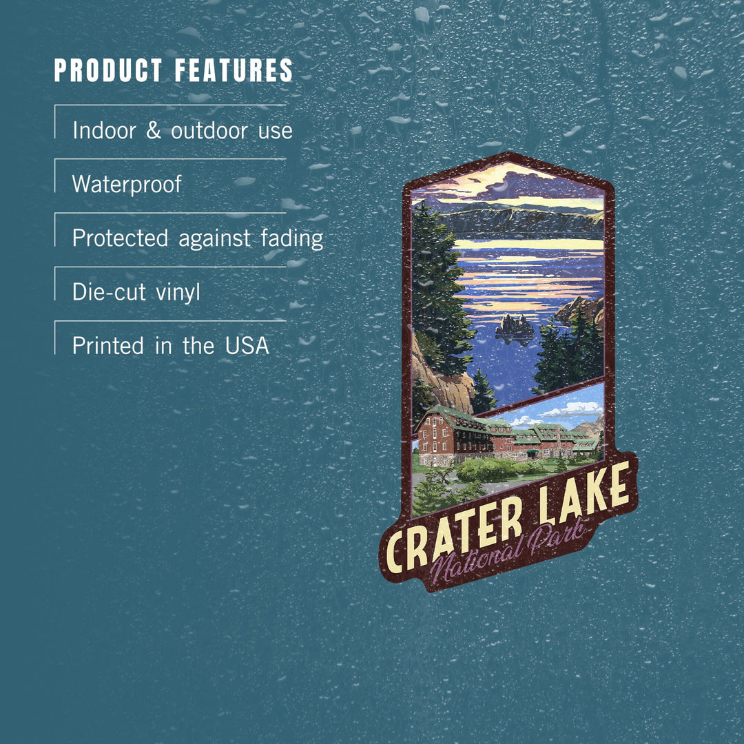 Crater Lake National Park, Oregon, Lake Scene and Lodge, Contour, Vinyl Sticker Sticker Lantern Press 