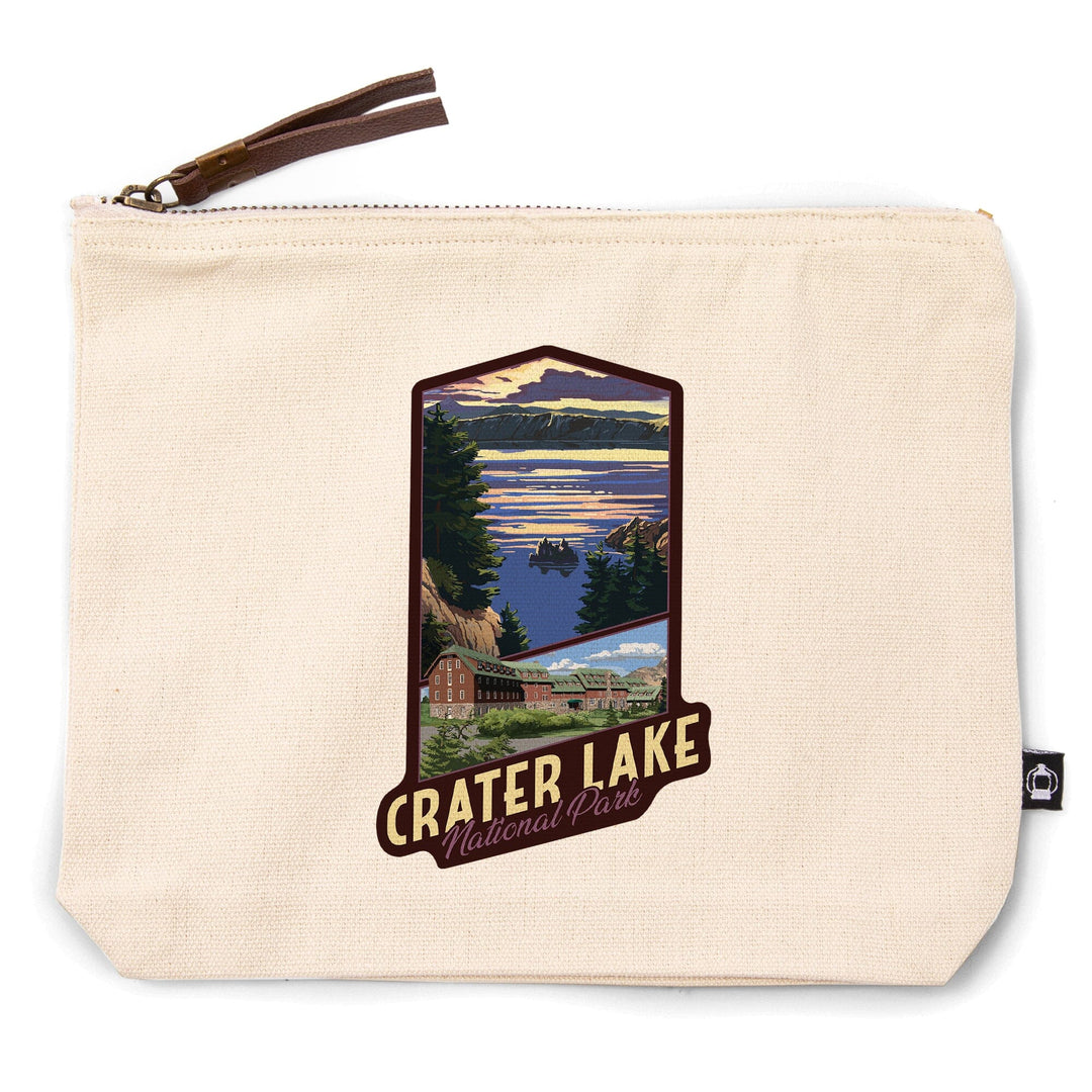 Crater Lake National Park, Oregon, Lake Scene and Lodge,, Organic Cotton Zipper Pouch, Go Bag Go Bag Lantern Press 