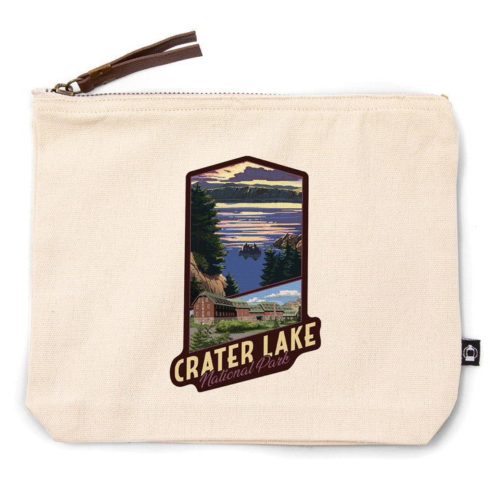 Crater Lake National Park, Oregon, Lake Scene and Lodge,, Organic Cotton Zipper Pouch, Go Bag Go Bag Lantern Press 