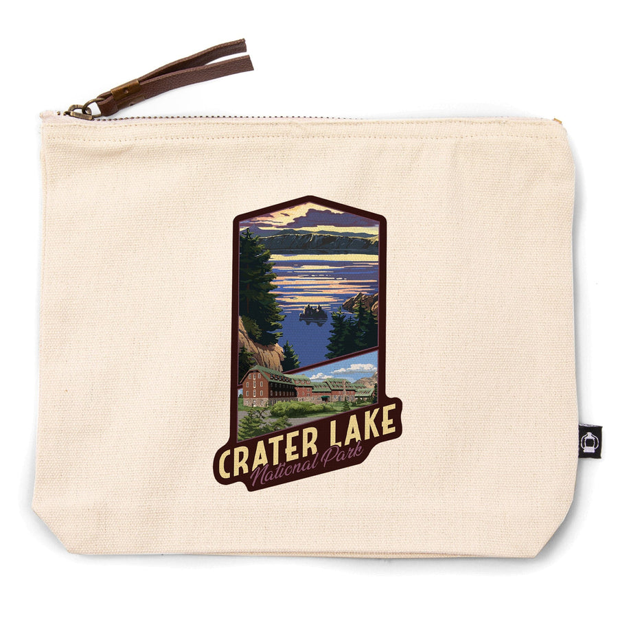 Crater Lake National Park, Oregon, Lake Scene and Lodge,, Organic Cotton Zipper Pouch, Go Bag Go Bag Lantern Press 